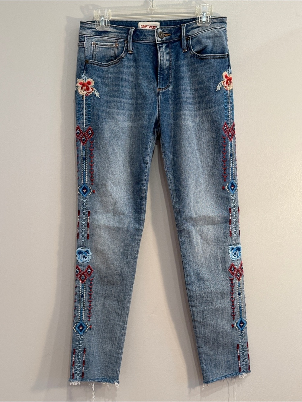 Driftwood Jackie skinny, stretchy floral embroidered frayed hem jeans Size 28 - Picture 2 of 14
